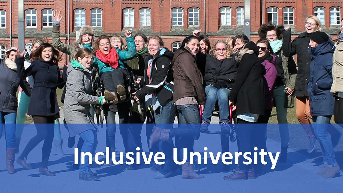 Disabled women are raised by fellow students. Image caption: Inclusive university