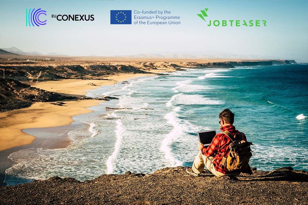 Person on laptop overlooking coastline with EU-CONEXUS, EU and Jobteaser Logos