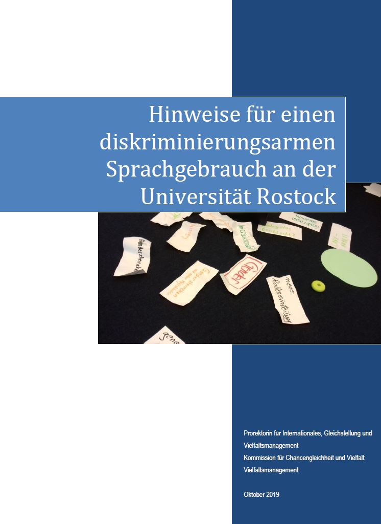 Frontseite des Leifadens. Überschrift "Hinweise für einen diskriminierungsarmen Sprachgebrauch an der UR". 