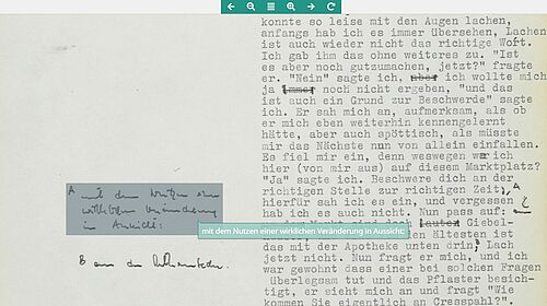 In der neuen digitalen Version der Rostocker Ausgabe (v. 0.2) lässt sich Uwe Johnsons schwierige Handschrift erstmals ›vom Blatt lesen‹ | Quelle: MJI Uwe Johnson: Mutmassungen über Jakob, Typoskript, 6.7.-4.12.1958, 240 Bl., masch., mit hs. Anm. und Korrekturen von Johnson, in: UJA Rostock, UJA/H/000350, Bl. 58r.