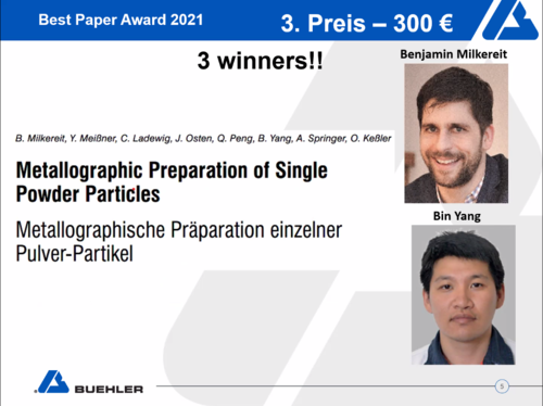 Virtuelle Verleihung des Best Paper Award auf der 56. Materialographie-Tagung der Deutschen Gesellschaft für Materialkunde.