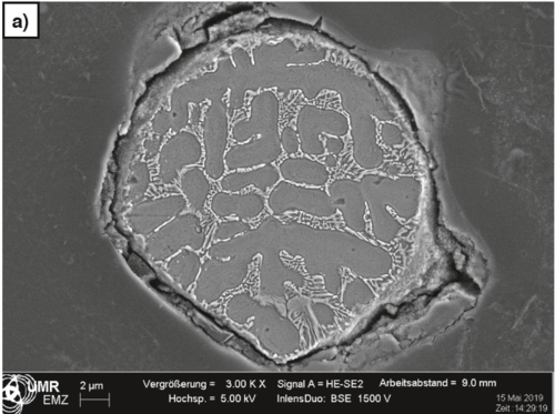 Rasterelektronenmikroskopische Aufnahme eines einzelnen Pulverpartikels, Durchmesser ca. 20 µm, aus einer Aluminiumlegierung.