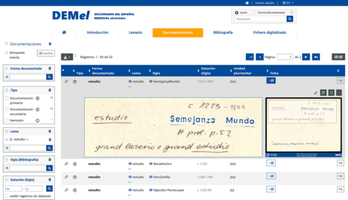 Beispielseite der Online-Datenbank zum Wortschatz des mittelalterlichen Spanisch.