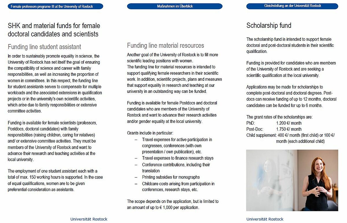 The picture shows the flyer with three columns. In each column, a fund is explained in more detail. In the lower right corner is a picture of a woman smiling next to a blackboard. 