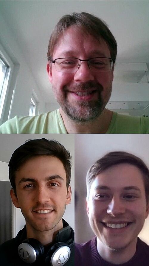 Derzeit tauschen sich die Rostock Physiker Professor Alexander Szameit (oben), Sebastian Weidemann (unten links) und Mark Kremer (unten rechts) in Videokonferenzen aus (Screenshot: Universität Rostock / Alexander Szameit).