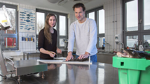 Maria Pierce und Dr. Uwe Krumme im Thünen-Institut für Ostseefischerei (Fotos (Uni Rostock/ITMZ)