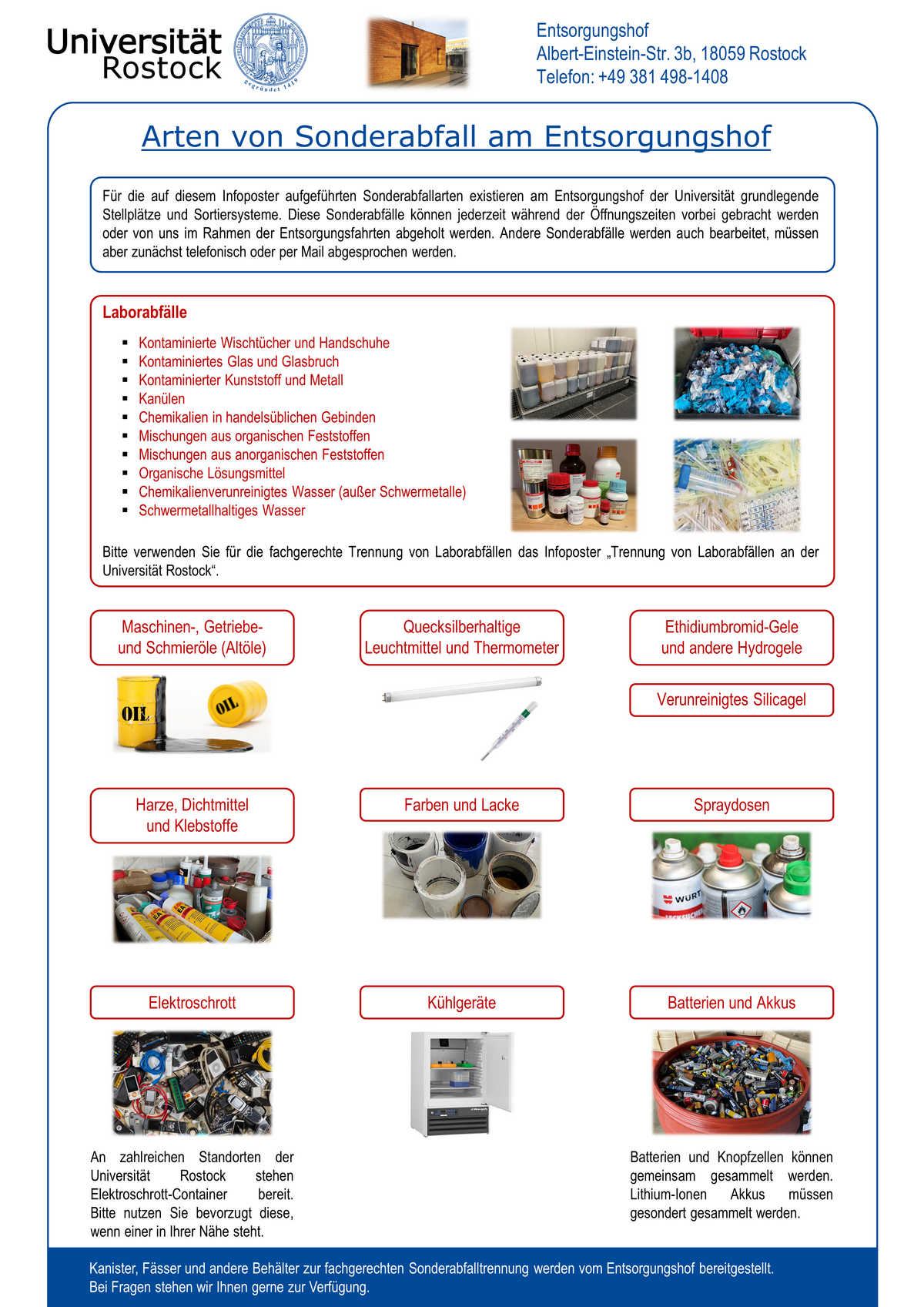 Ein Informationsposter mit dem Titel "Arten von Sonderabfall am Entsorgungshof". Auf dem Poster sind alle typischen Sonderabfälle, die am Entsorgungshof bearbeitet werden, bildlich dargestellt. Es handelt sich um Laborabfälle (mit einem Verweis auf das Poster zum Thema Laborabfälle), Altöle, quecksilberhaltige Leuchtmittel und Thermometer, Hydrogele, Silicagel, Harze, Dichtmittel, Klebstoffe, Farben, Lacke, Spraydosen, Elektroschrott, Kühlgeräte, Batterien und Akkus. Auf dem Poster ist zusätzlich vermerkt, dass auch weitere Sonderabfälle nach Rücksprache bearbeitet werden können.