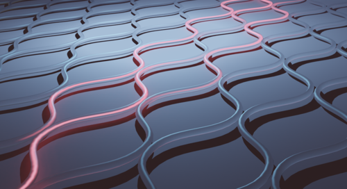 Laser light ensnared in an invisible trap. Light propagates in coupled optical fibres. Even though the disorder (not shown) should practically not affect the light waves, the propagation into neighbouring optical fibres strongly suppressed (Anderson localization), such that the light remains contained in a few optical fibres. The structure of the fibre mesh allows light to emulate the motion of electrons in disordered materials. (Image:  A. Szameit/University of Rostock).