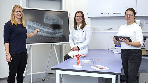 Finja Borowski, Paula Rosam und Ariane Dierke (v.l.)  in einem der Forschungslabore des Instituts für ImplantatTechnologie und Biomateralien (Universität Rostock/Julia Tetzke).