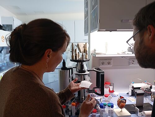 Dr. Sabine Illner zeigt im Labor gefertigte Nanofaser-Vliese. (Foto: Universität Rostock/Anke Ruedel). 