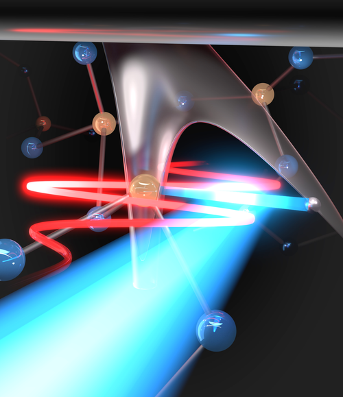 Ein starkes optisches Lichtfeld (rot) erzeugt in amorphem Glas einen Tunnelstrom, der zu intensiver Lichtemission (blau) führt. (Bildquelle: Universität Rostock, B. Liewehr).