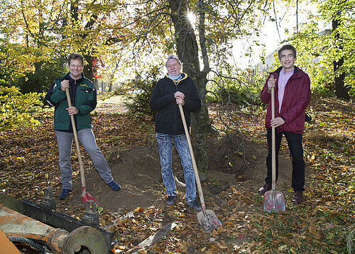Kay Brandenburg (Geschäftsführer der Rostocker Galabau), Uwe Brand (Spender des Baums) und Dr. Dethardt Götze (Kustos des Botanischen Gartens) vor der Süntel-Buche (v. l.).