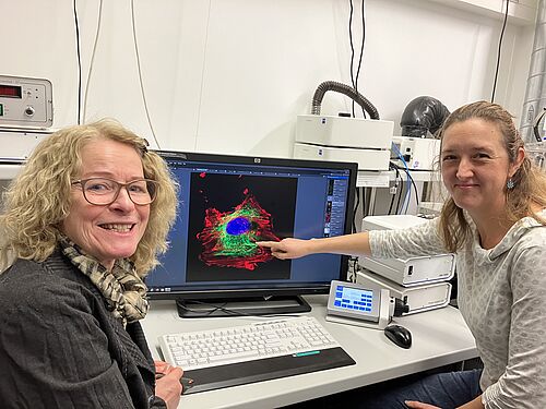 Das Bild zeigt die Zellbiologinnen Prof. Dr. Barbara Nebe (l) und Dr. Henrike Rebl (r). Auf dem Monitor ist eine mit Farbstoffen markierte Zelle zu erkennen. Copyright: Universität Rostock/Joachim Mangler